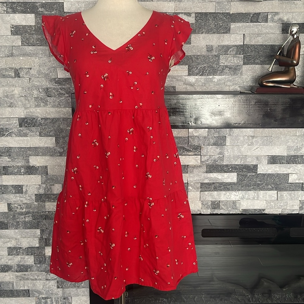 Goodthreads Women's Washed Linen Elbow Sleeve Split Neck Tiered Dress, Red, XS